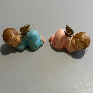 Vintage Celluloid Plastic sleeping baby angels boy girl pink blue ornaments EUC